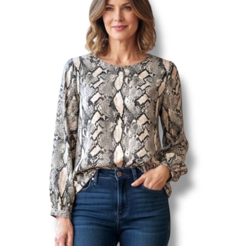 Worthington Women's Snake Print Blouse Ballon Sleeve Black Pink Blush Top XS